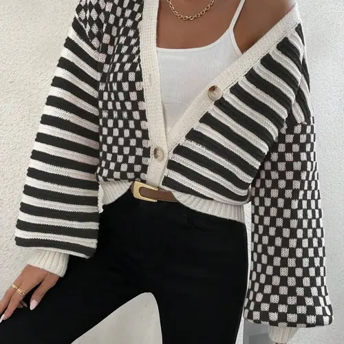 Winter Retro Checkerboard Plaid Colorful Striped Knitted Button Tops Spring Loose Casual V-neck Bottoming Cardigan Woman Sweaters Knitwear Sleeves Knitting