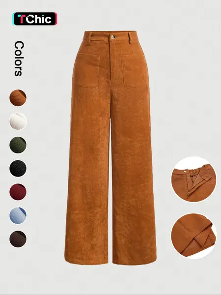 Women's Plain Pocket Button Front Wide Leg Flowy Fit Pants, Casual High Waist Trousers for Daily Wear, Everyday, Ladies Bottoms for All Seasons, Baggy Pants, Wideleg, Womenswear
