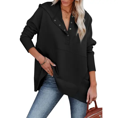 EVALESS Women's Baggy Ribbed Polyester-Cotton Hoodie, Casual Oversized Button V-Neck Long-Sleeve Henley Pullover with Pockets, Chic 2026 Fall Winter Dressy Breathable Sweatshirt for Leggings Pairing, Party & Daily Styling, Basic