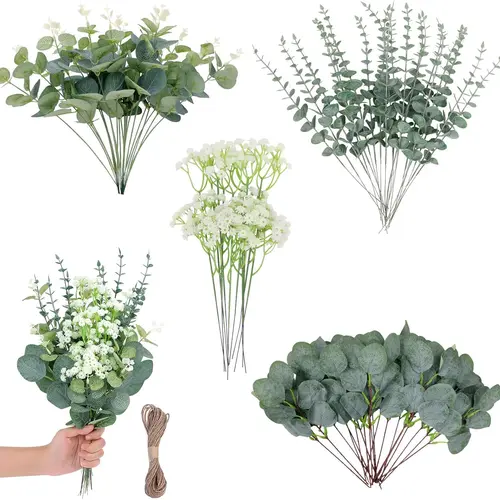 Faux Green Artificial Eucalyptus Stems 100 Pcs Mixed for DIY Bouquets, Weddings, Decor & Ornaments - Flower Design Decorations Supplies Decorative Plants