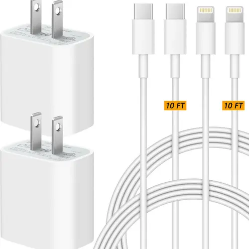 4Pcs 20W Fast Charger with 6FT/10FT USBC to Lightning Cable for iPhone 14/14 Plus/14 Pro Max, 13/12/11/Mini/XS/X/iPad Mobile Smartphone