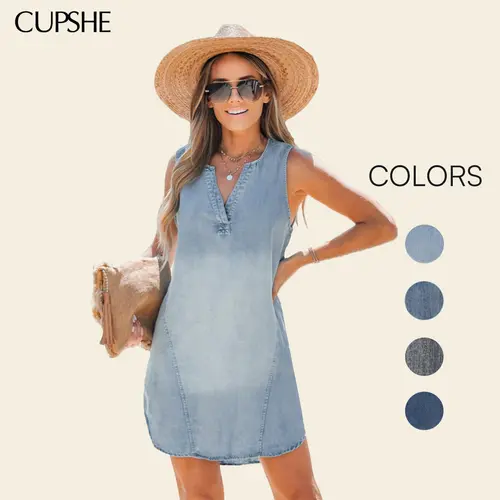 Cupshe Women's 100% Cotton Woven V-Neck Sleeveless A-Line Denim Dress - Imported Closed Back Summer Casual Mini Outfit for Weekend Brunches, Birthday Events, Denim Dresses, Basic