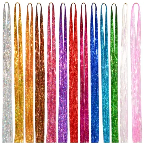 Full Shine Tinsel Hair Extensions Clip in 12-Color 2400 Strands Natural Straight Fairy Hair for Cosplay Party Summer Fashion Accessories