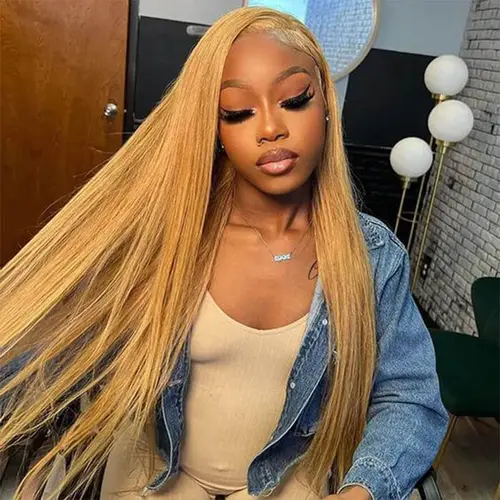 180% Density #27 Honey Blonde Straight Lace Front Wigs Pre plucked 13X6 HD Transparent Lace Frontal Human Hair Wigs For Women Natural Hairline