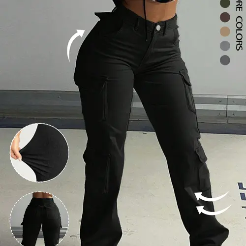 Fashion High-Waisted Cargo Pants with Pockets, Y2K Tactical Style Pants, Streetwear, Casual Retro Women's Bottoms for Fall & Winter, Basic, Buttoned Pockets