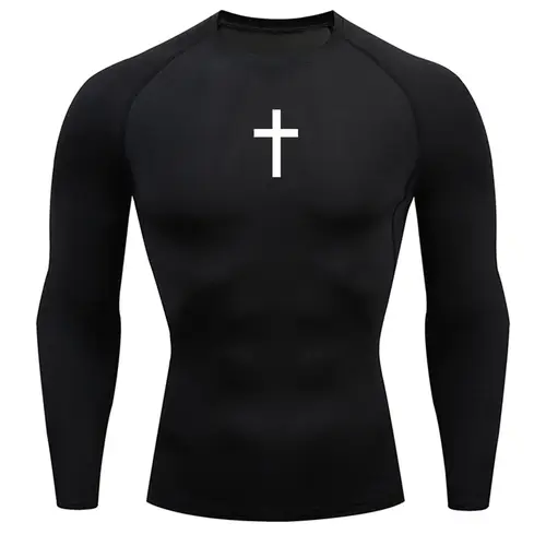 Men's Cross Print Round Neck Sports Tee, Tight Sporty Quick Drying Breathable Long Sleeve T-shirt, Men's Sportswear for Spring & Fall Gym Workout, Athletic Style High Performance Activewear, Quick Drying Top, Sports Tops