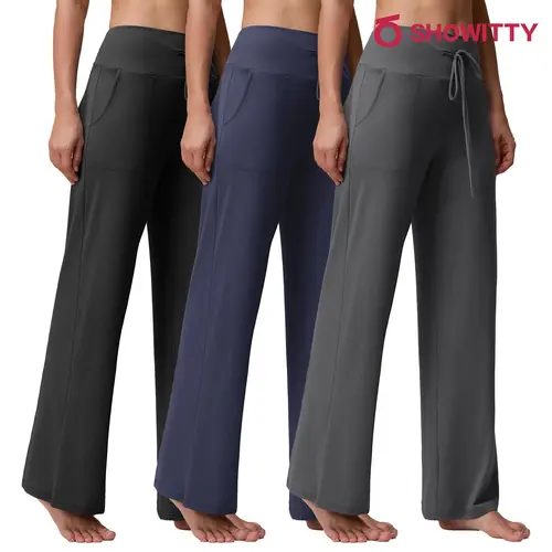 SHOWITTY 3 Pack Women's Wide Leg Pants with Pockets – High Waisted Loose Fit Sweatpants for Casual Outing & Travel