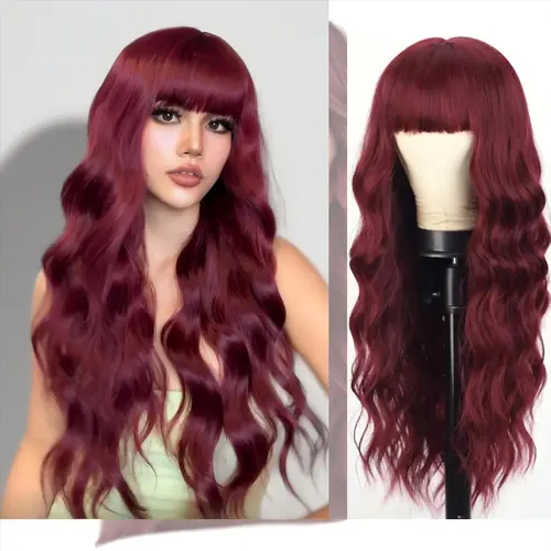 Women's 26in Wine Red Body Wave Synthetic Hair Wig with Bangs, Glueless Heat-Resistant Fiber, Glam Curls, Curling Waves, Daily Wear, 24/7 Support, Full Machine Wig