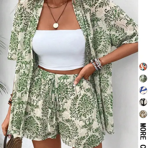 Women's Floral Print Open Front Top & Drawstring Waist Shorts Set, Bohemian Casual Two-Piece Outfits for Beach Holiday, Ladies Summer Clothes, Boho