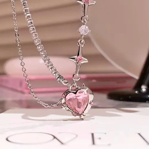 Women's Glamour Heart-Star Golden Twist Necklace, Blush Pink Pendant, Malu Jewelry Adjustable Dainty Crystal Fashion Drop Necklace with Sparkling Star Pendant for Anniversary, Anniversary Necklace