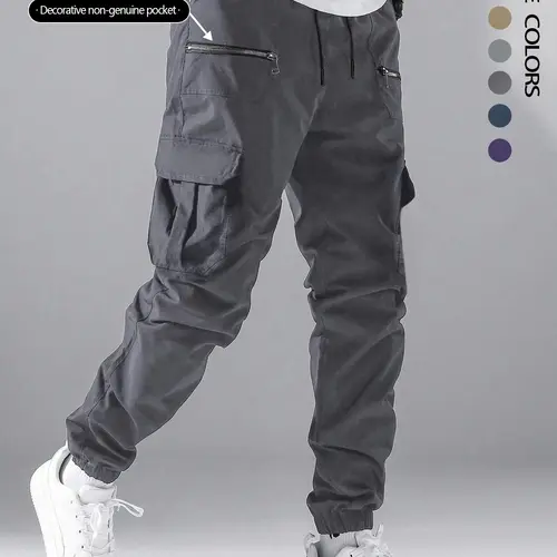 Men's Loose Solid Color Cargo Pants with Drawstring Waist, Zipper and Pockets, Street Fashion Jogger Trousers, Casual Athletic Pants for Daily and Outdoor Wear, Suitable for All Seasons, Menswear, Sportswear, Activewear