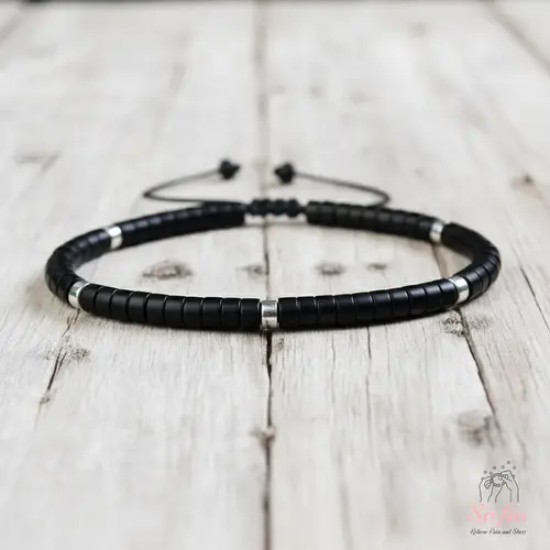 Sofia Natural Black Tourmaline Stone Bracelet Healing Crystal Barrel Gemstone Braided Dainty Bracelet Handmade Minimalist Style for Daily Use Gift for her, gift for him