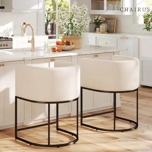 CHAIRUS 24'' Linen Contemporary Mid-Century Counter Height Bar Stools with Backrest, Armrest, Durable Black Metal Frame & Footrest, Upholstered Accent Chairs for Kitchen Island, Home Bar