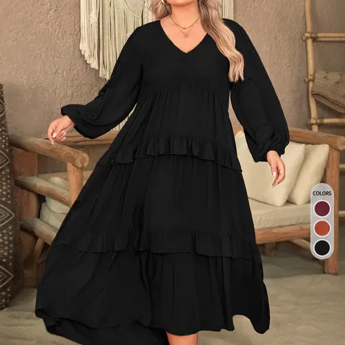 Plus Size Plain Woven Lantern Balloon Sleeve Tiered Ruffle Trim Smock Dress, Wedding Guest Dresses, Basic Womenswear Elegant Chic Style Aesthetic V Neck Long Sleeve Dress Fit for Vacation Party Wedding Guest, Women's Clothes for All Seasons