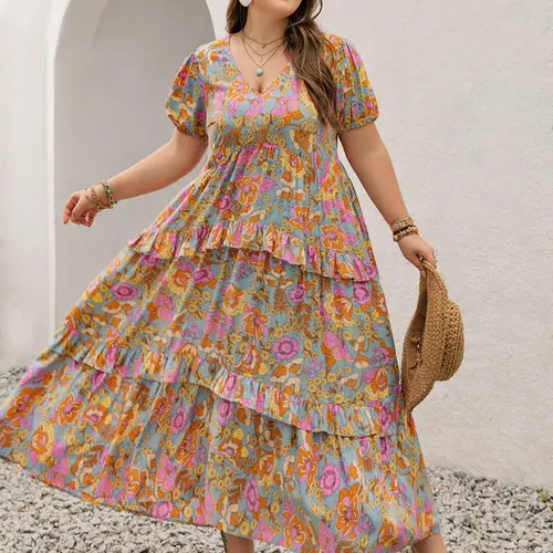 Plus Size Floral Print Puff Sleeve Tiered Layer Ruffle Hem A Line Dress, Boho Short Sleeve V Neck Long Dress for Daily Holiday Vacation Summer Wear, Women Plus Clothing for All Seasons, Casual Wear, Boho Style Womenswear