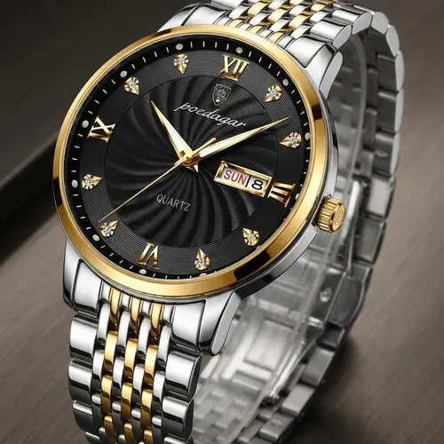 Men's Business Fashion Round Dial Stainless Steel Strap Quartz Luminous Analog Watch, Analog Wristwatches, Classic Black Dial Calendar Function for Party, Daily Decor, Birthday Gift