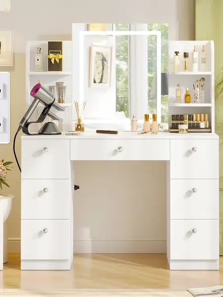 【Assembly video available】VOWNER Modern 55" Tall Makeup Vanity Table Set with 3 Color Lighted Mirror 7 Drawers & Outlet Gift