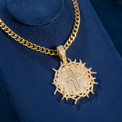 HELLOICE Iced Out Crown of Thorns with Cross Medallion Pendant Necklace Big Cross Full CZ Pendant with 5mm Cuban Chain Hiphop Jewelry for Women Men
