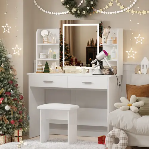 VOWNER Modern Makeup Vanity Desk with Lighted Mirror, 6 Storage Shelves, 2 Large Drawers and Cushioned Stool,SohoChic