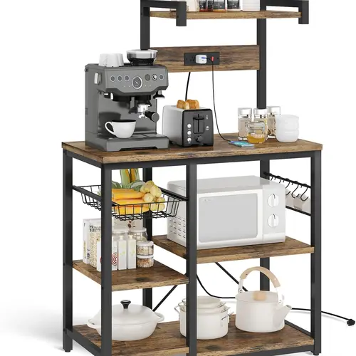Recaceik Retro Iron Kitchen Baker's Rack - Home Decor Organizer Storage with Power Outlet, Metal Wire Baskets, Hooks, Anti-Slip Footpads, Spice/Pots and Pans Organization, Indoor Standing Utility Shelf (Assembly Required)