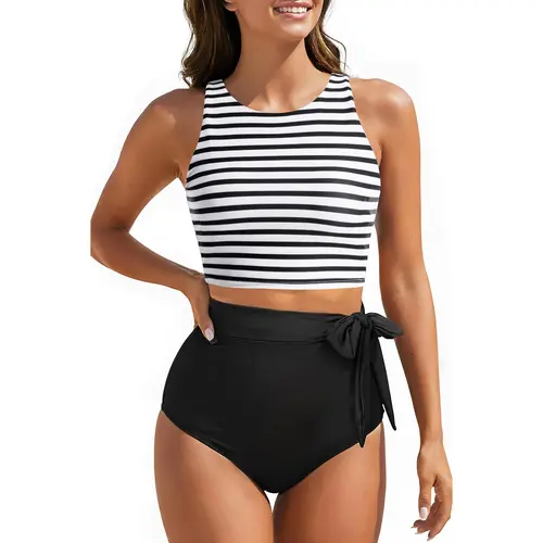 Aqua Eve Women High Waisted Bikini Set Racerback Swimsuit Two Piece Bathing Suit High Neck Swimwear Tankini Outfit Activewear