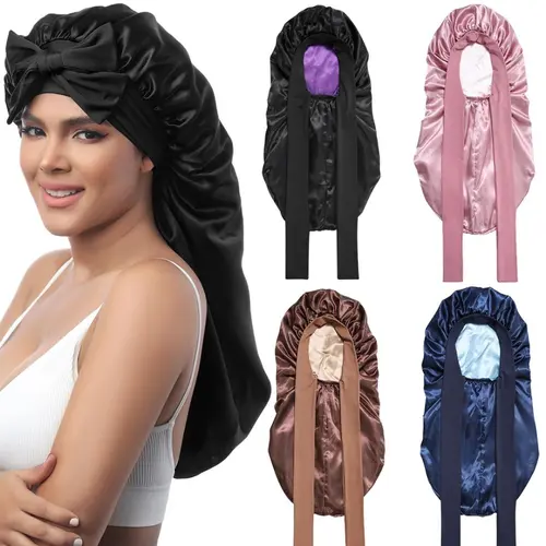 AWAYTR Women's Reversible Long Silk-Feel Satin Bonnet for Adults, Double Layer Adjustable Fabric Sleep Cap for Long Curly Hair - Breathable Haircare Accessory, Smoothing, Moisturizing, Tangle-Free, Hand Washable