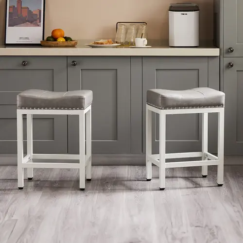 【Deal】SweetFurniture Set of 2 Sturdy Furniture Barstools - 24in Counter Height Backless Saddle Dining Chairs, Modern Home Bar Seating with Steady Metal Frame, PU Leather & Easy-Install Foot Pedals