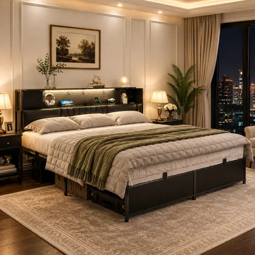 King Size Sturdy Platform Bed Frame - Modern Bedroom Furniture with LED Lights, Charging Station, Upholstered Headboard, Storage Cabinet, Noise-Free Platform Bed Design, Easy Assembly for Couples, Storage Bed