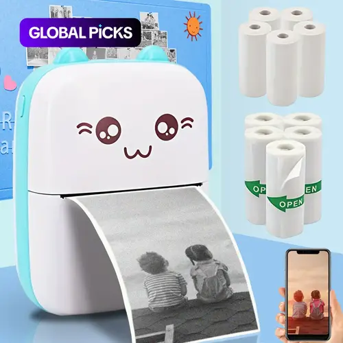 Ink-free Printing Mini Printer, Printing Machine, Sticker Printer, Inkless Thermal Printer, Thermal Pocket Printer, 1 Set Portable Thermal Printer with 5 Rolls Thermal Printing Paper & 5 Rolls Self-adhesive Printing Paper, Birthday Gifts #GLOBAL PICKS