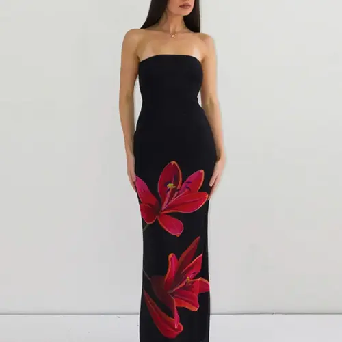 Women's Floral Print Backless Bodycon-Fit Mesh Sleeveless Tube Dress, Elegant Chic Strapless Tie Back Dress for Party Evening Wear, Club Dating, Formal Wear, Ladies Summer Clothes
