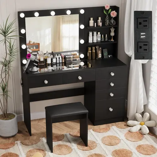 VOWNER 47" Makeup Vanity Desk with Storage Shelves and 6 Drawers, 3 Color Lighting Modes ,Makeup Table with Stool for Women Girls