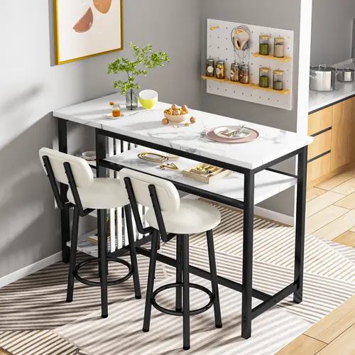 AWQM Set of 3 pub table and chairs, Modern White Faux Marble Table with 2 PU Cushion Bar Stools, Kitchen Counter with 3 Tier Storage Shelves, Space Saving Table for Home & Kitchen, Black Frame, Gold Frame Dining Room Set Upholstered Dining Set