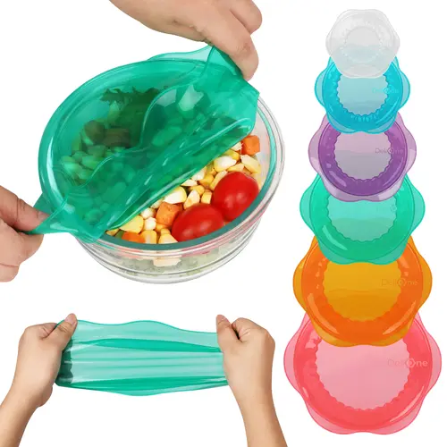 CuLiDing 6-Pcs Food-Grade Silicone Flexible Lids Food Storage Set - 2 Red, 2 Orange, Multi-Size Stretch Seal Anti-Leak, Fits Round/Rectangular Containers, Cups & Mugs, Irregular Jars, Fridge to 428°F, Microwave-Safe Kitchen Utensil, Father's Day Gift, Fit
