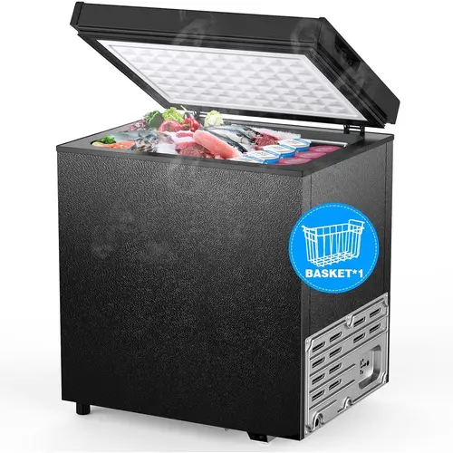COWSAR 1.8 Cu.Ft Chest Freezer - Freestanding Top-Open with Removable Pull-Out Basket, Bottom Defrost Water Drain, Adjustable 7 Temp Thermostat, Compact Mini-Fridge Freezer for Home Food Storage, Black, Basket Pulls Out, Compact Mini-Fridge Freezers