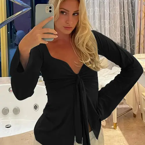 Women's Solid Knot Front Split Hem Tee, Casual Chic Basic Long Sleeve Sweetheart Neck T-Shirt for Fall, Women's Clothing for Daily Wear Top