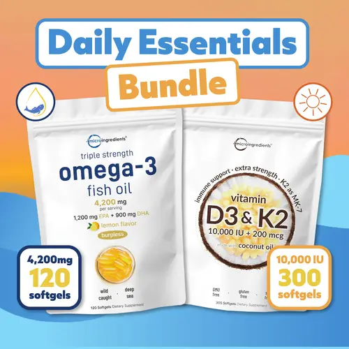 Micro Ingredients Daily Essential Bundle: Vitamin D3 K2 Supplement & Triple Strength Omega 3 Fish Oil Supplement Fitness Supplement