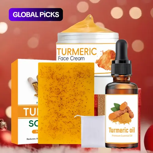 Turmeric-Infused Kojic Acid Hydrating Soap Bar, Nourishing Oil and Cream Set, Complete Brightening, Radiant and Moisturizing Facial Skin Care Bundle for Women and Men, Ultimate Turmeric Glow Kit #GLOBAL PICKS