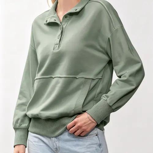 Shewin Women's Partial Button Stand Collar Oversized Sweatshirt - Long Ribbed Cuff Kangaroo Pocket Casual Pullover DealsForYouDays,back to school,back to school shopping
