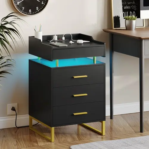 Sikaic LED Nightstand with Charging Station, Night Stand with 3 Drawers and Pull-Out Tray, Bedside Table with Storage, LED Lights & Metal Legs, End Side Table for Bedroom, Home Furniture Christmas Gifts [SohoChic]