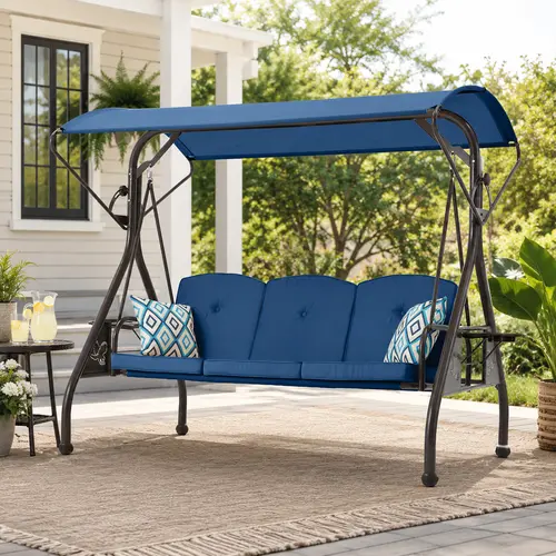 ZZW Classic Heavy-Duty Metal 3-Seat Outdoor Swing Chair with Stand, Adjustable Sun Protection Canopy, 2-in-1 Porch Swing Bed, Waterproof Rustproof Patio Yard Floor Set (Includes 2 Free Outdoor Foam Cushions, Butterfly Design Accents)