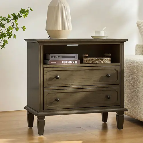 HULALA HOME Galatea 2-Drawer Solid Wood End Table with Hidden Storage & Power Outlet Vintage Design Bedside Table