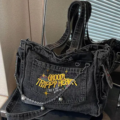 College student tote bag for girls large capacity denim trend new style one-shoulder crossbody handbag niche design backpack, college, outdoor, sports, travel, outing, shopping, vacation, vacation, fashion niche design, women bag