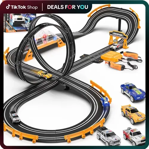 Slot Car Race Track Sets with 4 Slot Cars Electric Race Car Track Include Slope Circular Overpass Track Dual Racing Game Featuring Flash Bridge and Pendulum Gifts Toys for Boys Kids  Fathersdaygift Speed Checkpoint Outdoorfun Fun,back to school