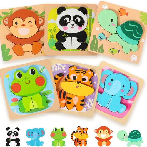 edutree Wooden Jigsaw Puzzles for Toddlers 1-4, 6-Pack Round Animal Shape Recognition Puzzles with Rounded Edges, CPSC-Certified Montessori Unisex Kids Toys Enhancing Hand-Eye Coordination, Educational Christmas Gifts, Wooden Jigsaw Puzzle, Easter