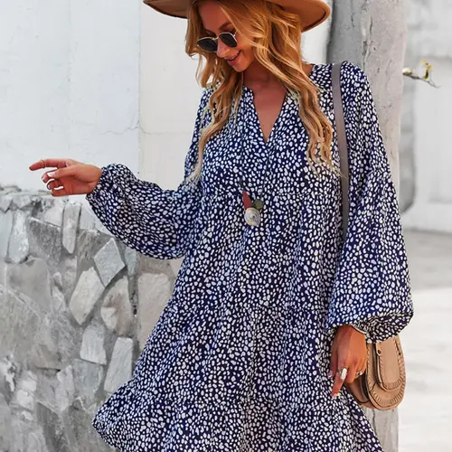 Women's All Over Print Woven Lantern Sleeve Long Sleeves Smock Dress, Bohemian Notched Neck Ruffle Hem Short Dress, Boho Style Romantic Sundresses for Beach Holiday Vacation, Ladies Casual Wear, Clothes for All Seasons