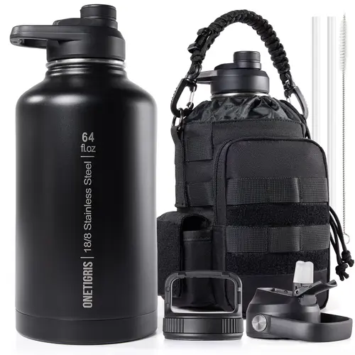 OneTigris 64oz Stainless Steel Double Wall Insulated Thermal Water Bottle - Portable Vacuum Flask, Leakproof Hot/Cold Hold Container, Durable Outdoor Drinkware with Handle & Crossbody Pouch, Fathers Day Grab & Go Gift for Men