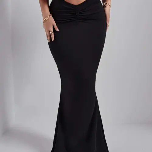Women's Plain Ruched Lettuce Trim Mermaid Skirt, Bodycon Fitted Skirt, Casual Fashionable Skirt, Elegant Chic Fashion V-Waist Maxi Skirt for Daily Outdoor Wear, Casual Streetwear Skirt, Ladies Bottoms Womenswear for All Seasons