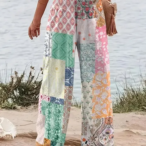 Plus Size Women's Patchwork Print Shirred Wide-Leg Pants, Lounge Pants, Casual Comfy Pants, Bohemian Boho High Waist Trousers, Casual Chic Bottoms for Daily Vacation Holiday Wear, Bottoms for All Seasons