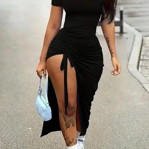 Women's Plain Ruched Drawstring Split-Thigh Bodycon Dress, Casual Asymmetrical Round Neck Short-Sleeve Dress for Party, Club and Date Night, Summer Side-Slit Dress for Curvy Women, Womenswear