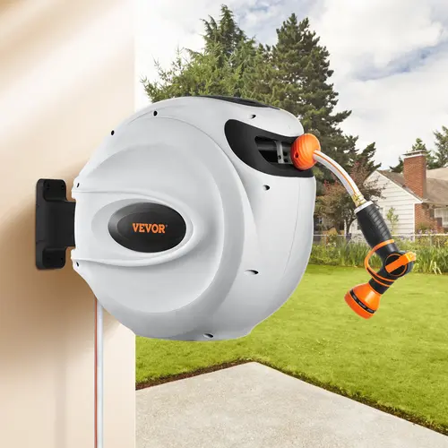 【Summerfinds】VEVOR Wall-Mounted Retractable Hose Reel, 65'x5/8" Water Hose, 180° Swivel, All-Weather Shell Suits Outdoor Use, Auto Rewind Saves Time After Watering, Brass Lead-In for Strength, Fits Brick/Concrete